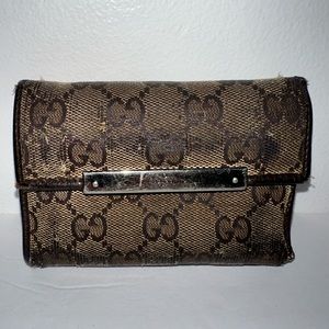 Gucci Supreme Canvas Mini Flap French Compact Wallet brown/tan w/ brown leather